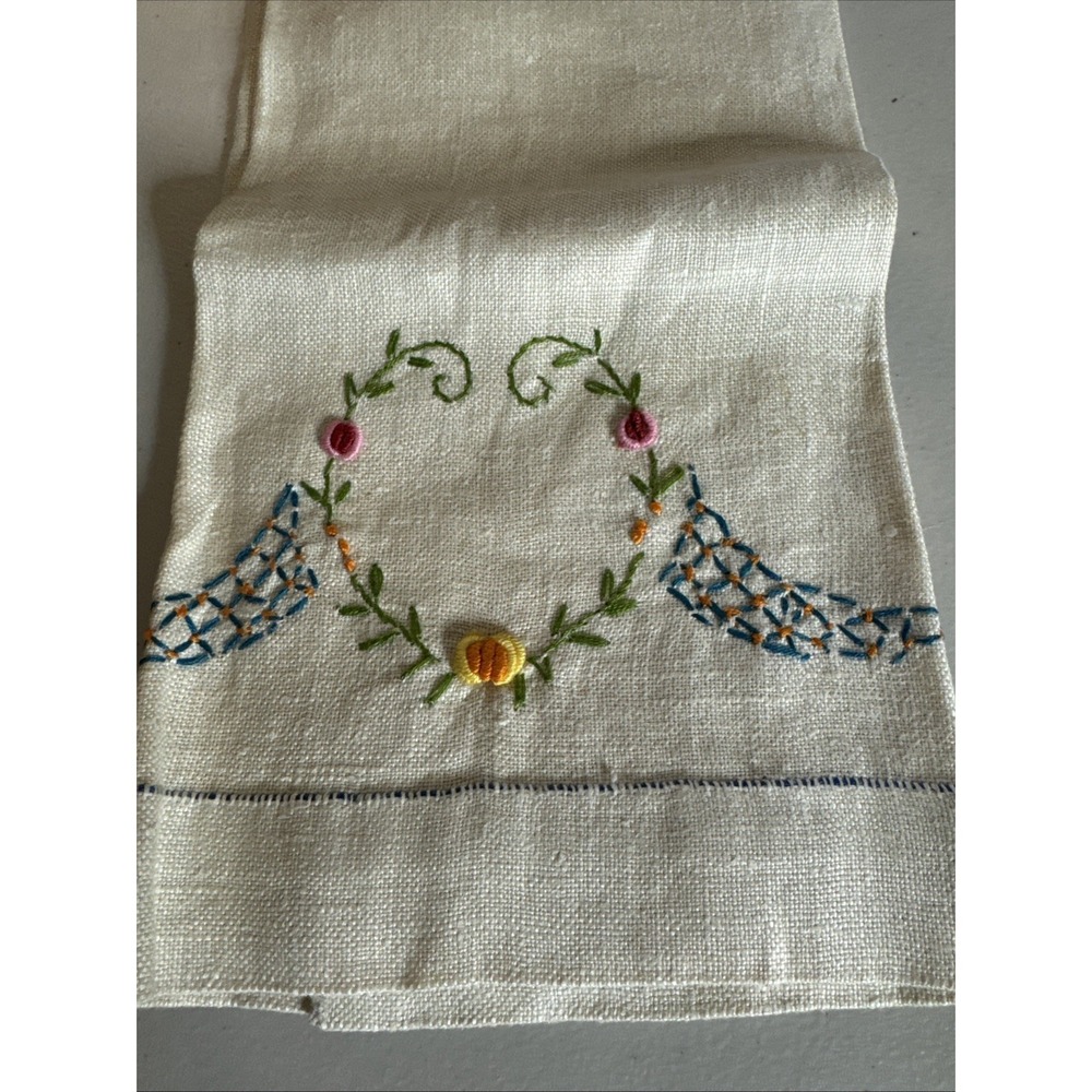 Vintage Embroidered Linen Towel Heart